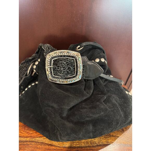 LEATHEROCK USA Black Suede Leather Hobo Silver Studs Indie Boho Bag - Picture 7 of 9